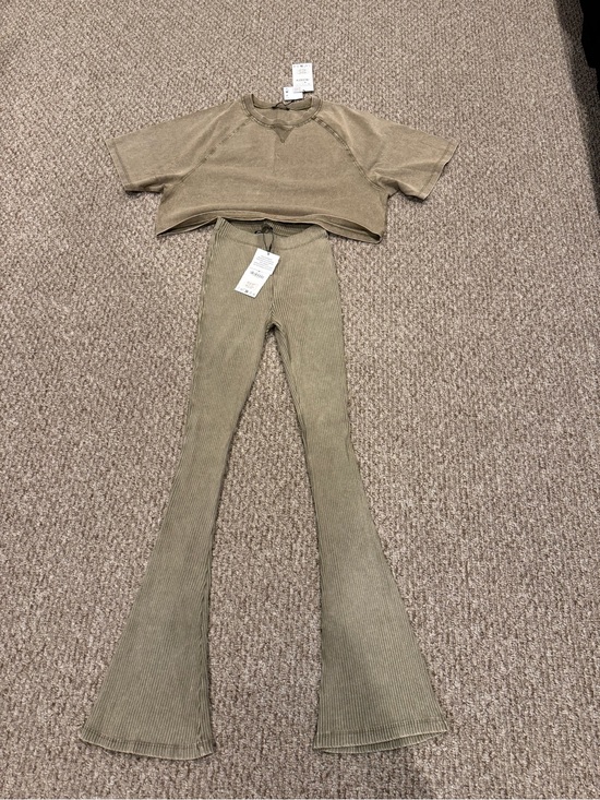 Zara Other - Zara Olive Ribbed Flare Pants & Boxy Cropped Top (2 Piece Set) NWT